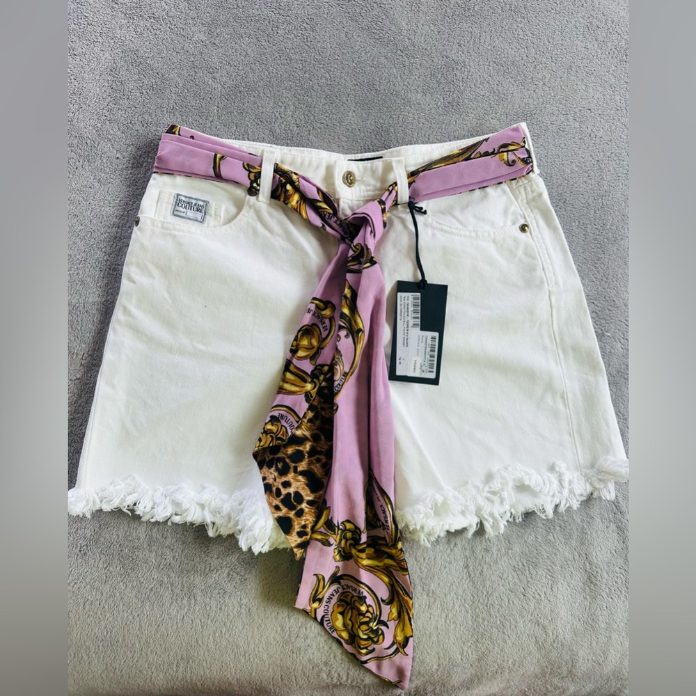 Versace Jeans Couture Womens White Belted Denim Cut Off Shorts Size 28 S to M